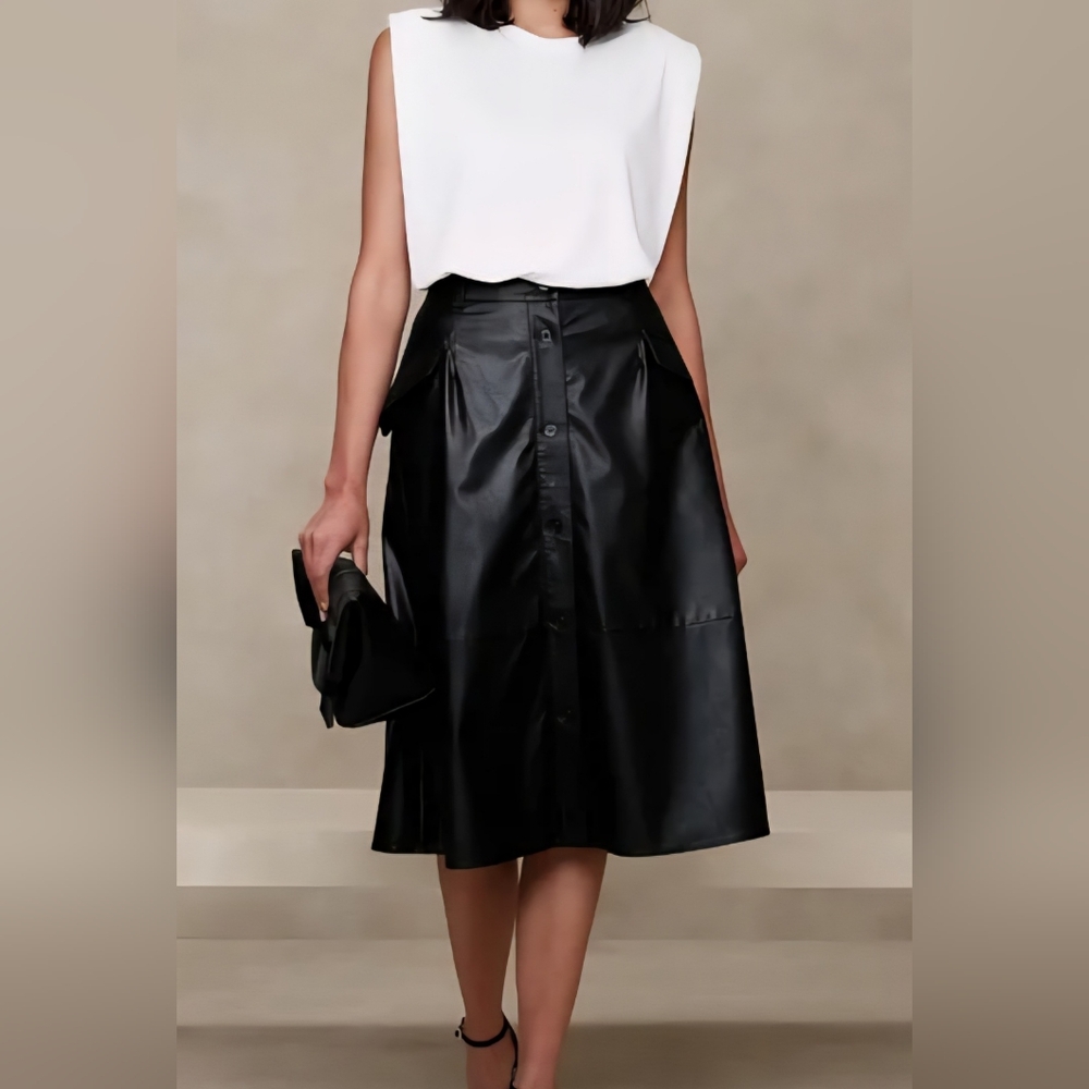 NWT Banana Republic Vegan Leather Midi Skirt Black Size 0